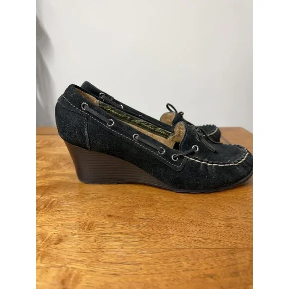 Vtg Y2K Eddie Bauer Women’s 9 Black Suede Wedge Heel Moccasins Loafers - Picture 2 of 7